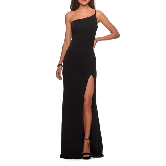 NEW $228 La Femme [ 4 ] One Shoulder‎ Jersey Gown in Black - Picture 3 of 14